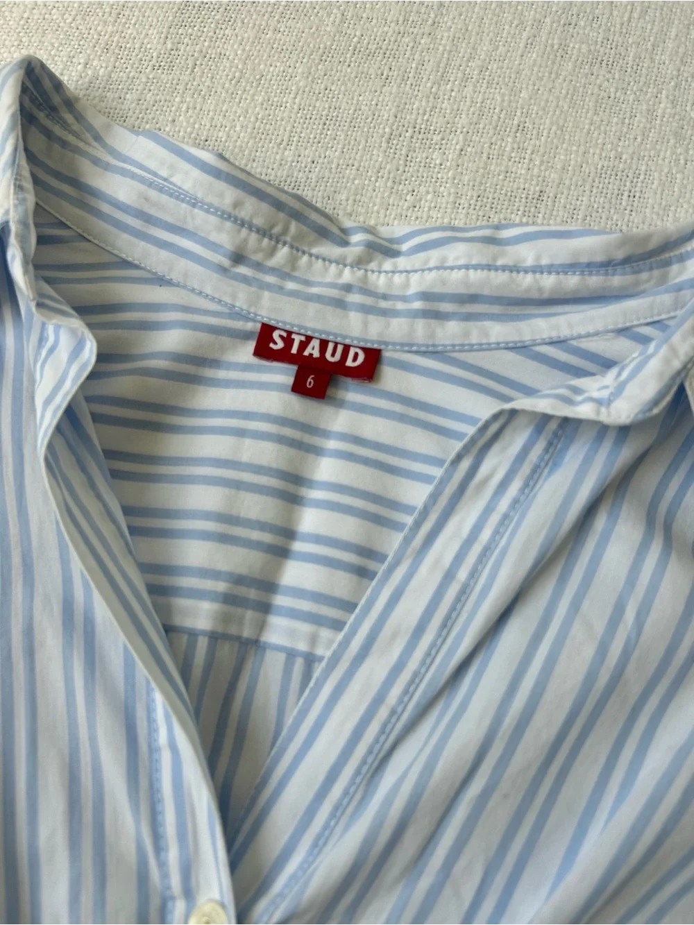 Staud Clea Twisted-Waist Midi Shirtdress Size 6 Blue White Striped Cotton zip - Picture 7 of 16
